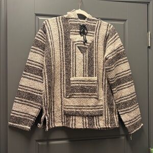 Striped Baja pullover sweatshirt with hood neutral colors kangaroo front pocket